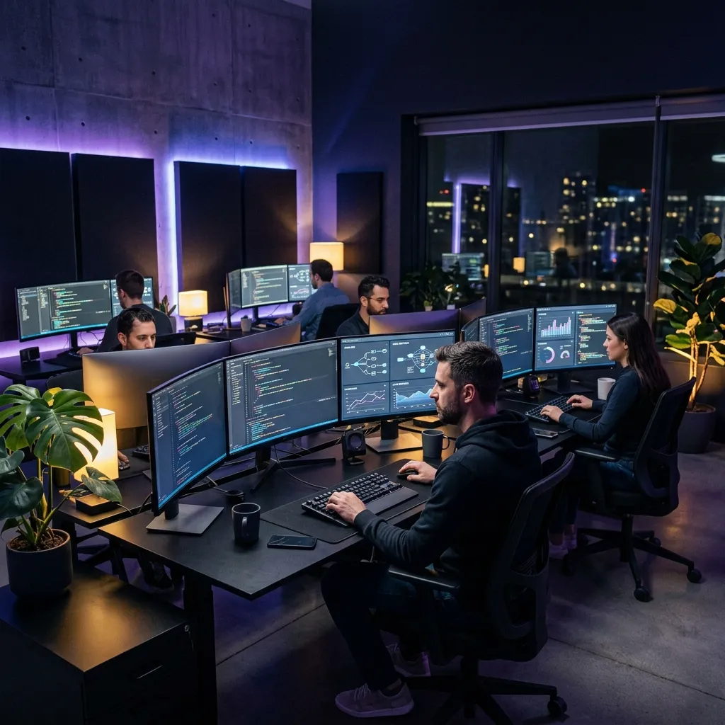 Engineers working at their desks in a studio at night