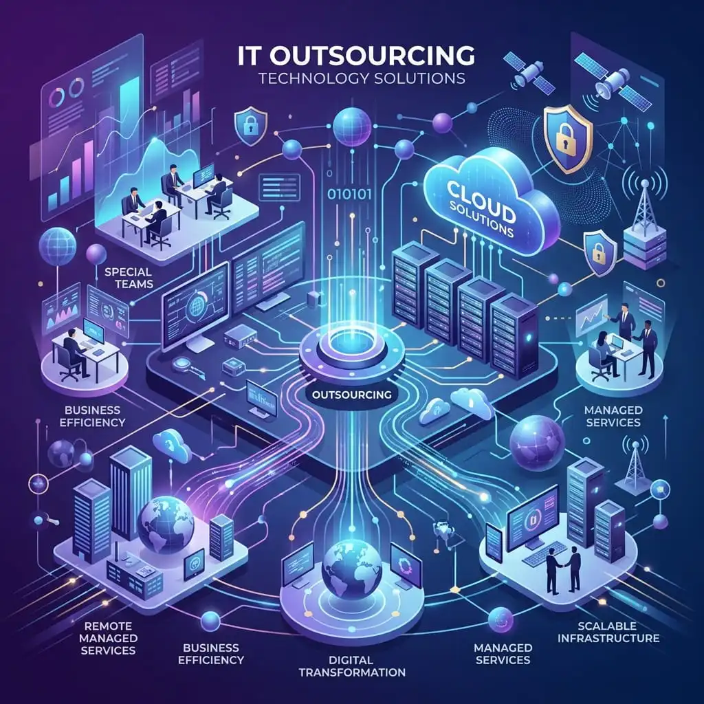 Illustration of an IT outsourcing setup linking teams, servers and cloud services